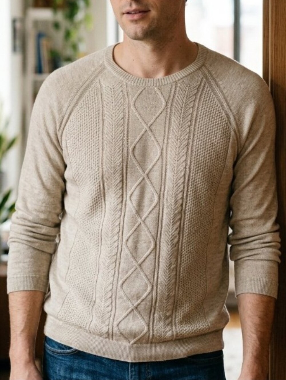 Tommy Bahama Cotton+Linen Oatmeal Beige Cable-Knit Crewneck Sweater in Large